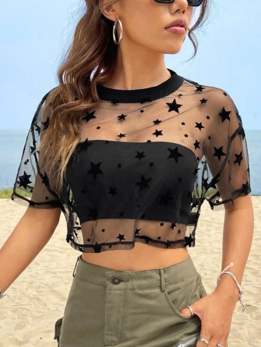 Star-Print Sheer Mesh Crop Top